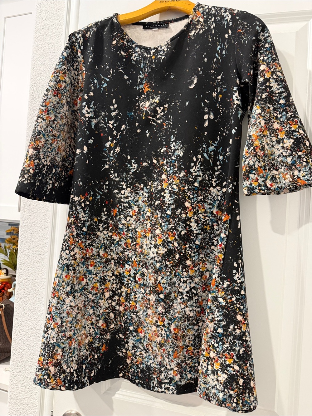 bryn Walker Black Abstract Splatter Mini Dress with Multicolor Accents